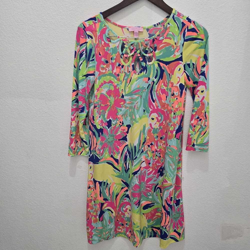 Lilly Pulitzer Lilianna Printed Loop-Neck Dress Neon Casa Banana Small - Picture 3 of 8